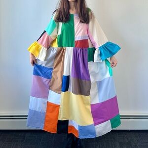 Handmade Quilted Patchwork Colorblock Dress SKU 01171 Ruffled Sleeves